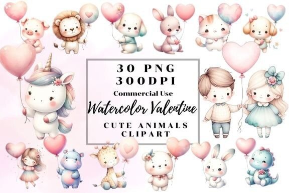 Download Watercolor Valentine Cute Animal Clipart - Premium Bundle