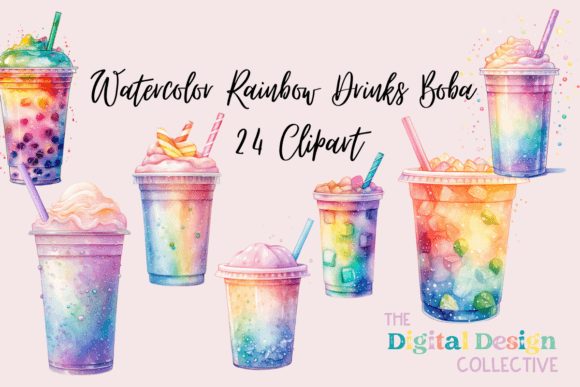 Download Watercolor Rainbow Drinks Boba Bundle - Watercolor rainbow Collection